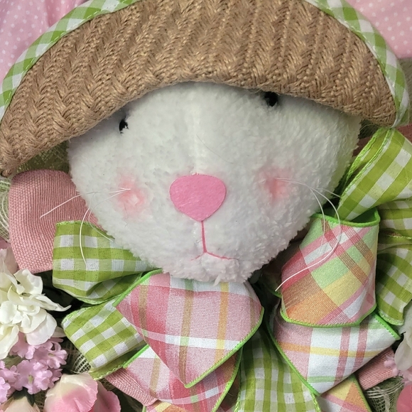 Spring Bunny Deco Mesh Bow Wreath Rabbit Greens Pinks - Picture 8 of 13